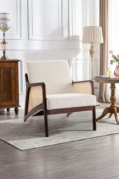 Living and Home Corduroy Beige Armchair with Rattan Armrest - thumbnail 2