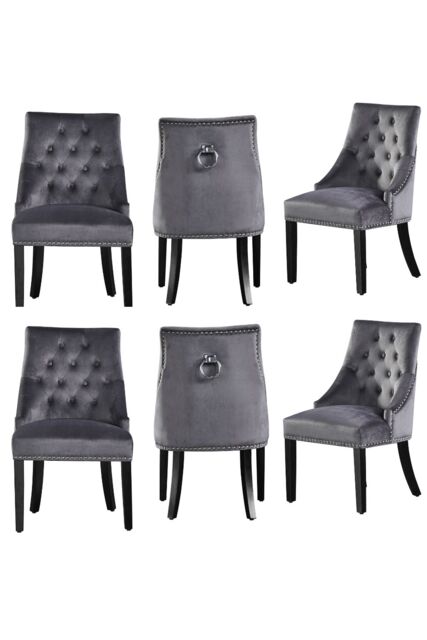Life Interiors Set of 6 'Windsor' Knocker Back Velvet Dining Chairs Solid Wood Legs in Dark Grey - image 1