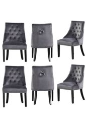 Life Interiors Set of 6 'Windsor' Knocker Back Velvet Dining Chairs Solid Wood Legs in Dark Grey - thumbnail 1