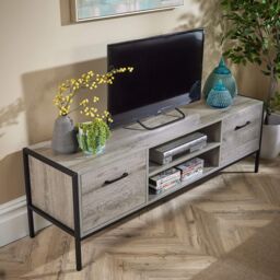 Home Source TV Unit Media Stand Storage Cabinet 2 Door Cupboard Shelf Storage in Light Grey - thumbnail 4