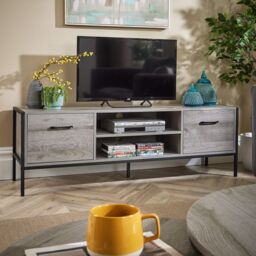 Home Source TV Unit Media Stand Storage Cabinet 2 Door Cupboard Shelf Storage in Light Grey - thumbnail 5