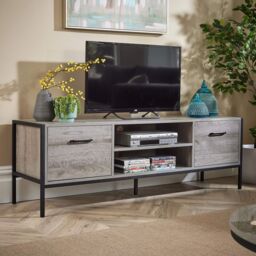 Home Source TV Unit Media Stand Storage Cabinet 2 Door Cupboard Shelf Storage in Light Grey - thumbnail 2