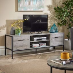 Home Source TV Unit Media Stand Storage Cabinet 2 Door Cupboard Shelf Storage in Light Grey