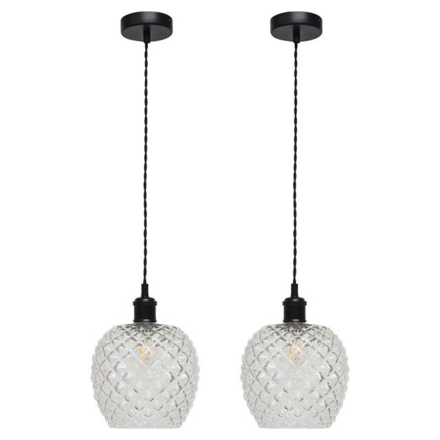 First Choice Lighting Set of 2 Baine - Clear Textured Glass Black Retro Pendant Fittings - image 1