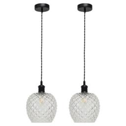First Choice Lighting Set of 2 Baine - Clear Textured Glass Black Retro Pendant Fittings - thumbnail 1