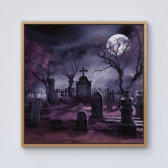 Warren Reed - Designer Witchs Moonlit Cemetery Design Framed Canvas in Light Brown - Size: w40 inch x h40 inch - image 1