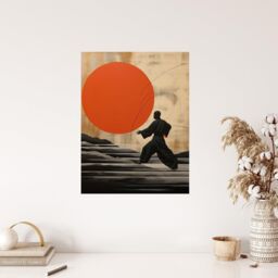 Wee Blue Coo Wall Art Print Qigong Sunset Shaolin Monk Practicing Movement Meditation Exercises Amber Orange Grey Oil Painting Poster - thumbnail 4