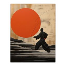 Wee Blue Coo Wall Art Print Qigong Sunset Shaolin Monk Practicing Movement Meditation Exercises Amber Orange Grey Oil Painting Poster - thumbnail 1