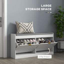 HOMCOM Shoe Storage Bench with 2 Flip Drawers Cushion 2 Vents for 8 Pairs in White - thumbnail 4