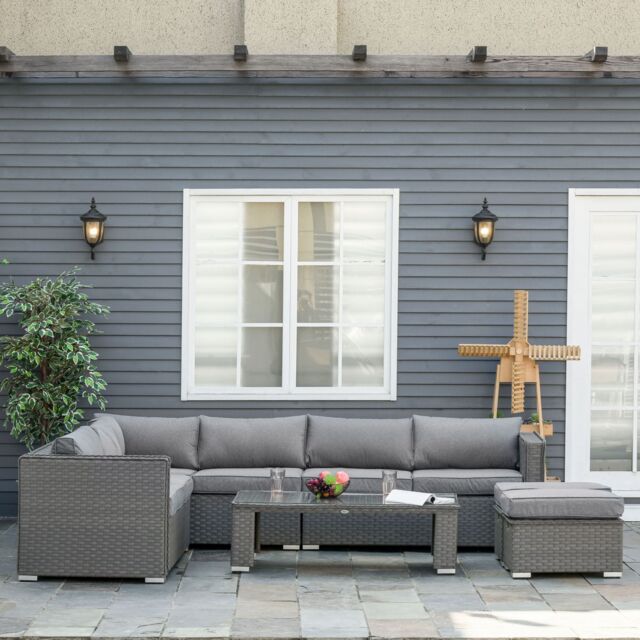 OUTSUNNY 6 PCs PE Rattan Corner Sofa Set Outdoor Conservatory Furniture w/ Cushion in Grey - image 1