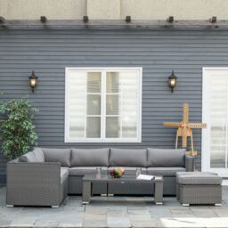 OUTSUNNY 6 PCs PE Rattan Corner Sofa Set Outdoor Conservatory Furniture w/ Cushion in Grey - thumbnail 1