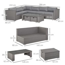 OUTSUNNY 6 PCs PE Rattan Corner Sofa Set Outdoor Conservatory Furniture w/ Cushion in Grey - thumbnail 3