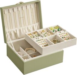 SONGMICS Two Layer Jewellery Box with Handle & Removable Tray in Light Green - thumbnail 7