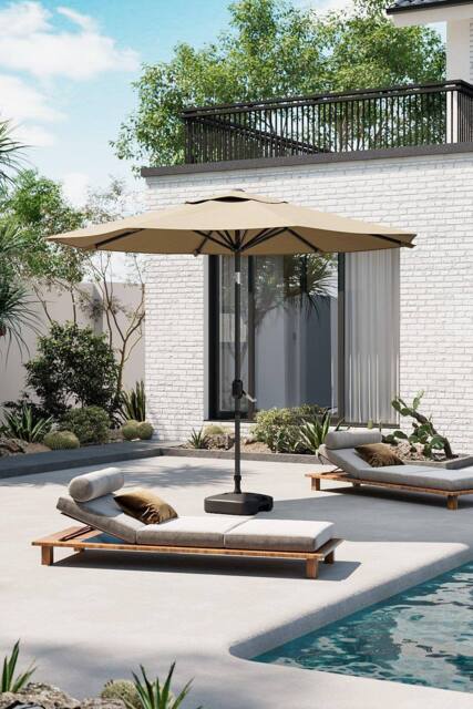 Garden Sanctuary 3M Outdoor Umbrella Large Garden Traditional Parasol with Plastic Base in Khaki