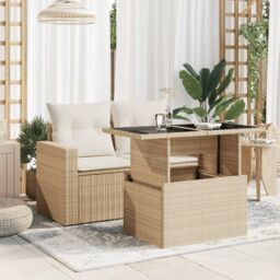 Berkfield Home Garden Table with Glass Top Beige 100x55x73 cm Poly Rattan - Size: 100 x 55 x 73 cm - thumbnail 3
