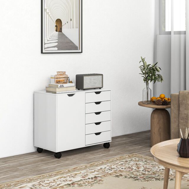 HOMCOM Modern Mobile 5-Drawer Cabinet w/ Door, Office Storage Cabinet White - image 1