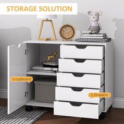 HOMCOM Modern Mobile 5-Drawer Cabinet w/ Door, Office Storage Cabinet White - thumbnail 4