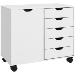 HOMCOM Modern Mobile 5-Drawer Cabinet w/ Door, Office Storage Cabinet White - thumbnail 2