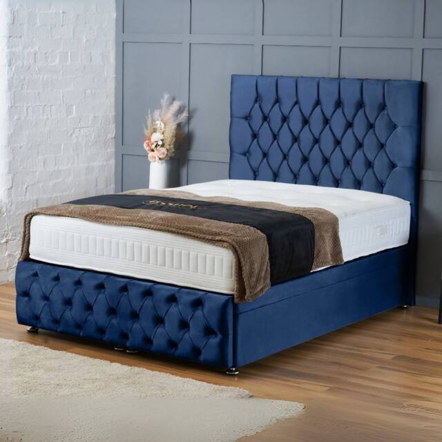 "BSSPOKE Mulberry Ottoman Divan Bed Plush Velvet 54"" Headboard & No Mattress in Blue - Size: Super King" - image 1