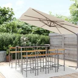 Berkfield Home 9 Piece Garden Bar Set Grey Poly Rattan& Solid Wood Acacia - thumbnail 2