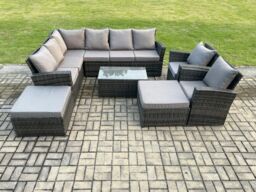 Fimous 10 Seater High Back Outdoor Garden Furniture Set Rattan Corner Sofa Set With Rectangular Coffee Table 2 Big Footstool in Dark Grey - thumbnail 2