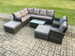 Fimous 10 Seater High Back Outdoor Garden Furniture Set Rattan Corner Sofa Set With Rectangular Coffee Table 2 Big Footstool in Dark Grey - thumbnail 1