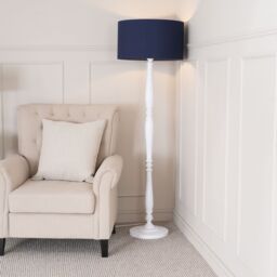 ValueLights Victoria White Wood Traditional Stem Floor Lamp with Fabric Drum Shade in Navy