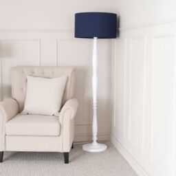 ValueLights Victoria White Wood Traditional Stem Floor Lamp with Fabric Drum Shade in Navy - thumbnail 3