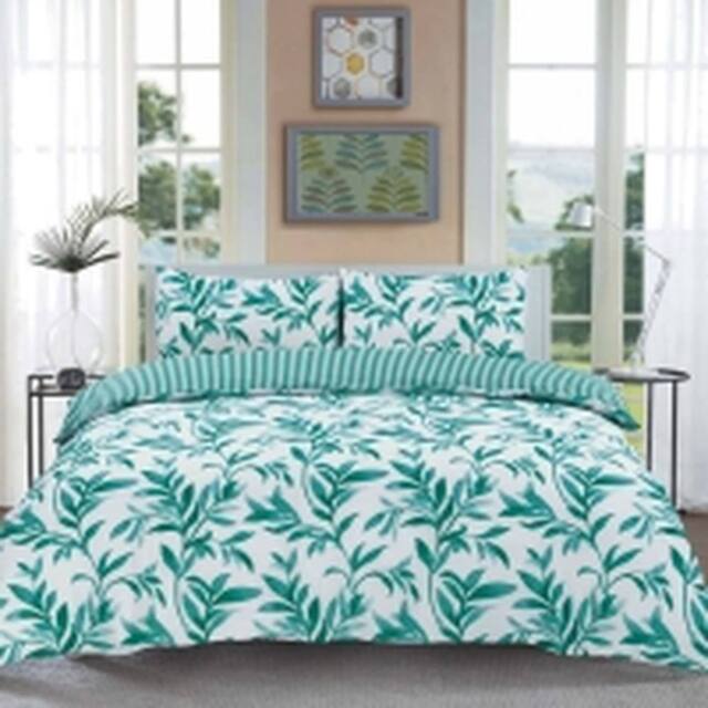 Homes-Linen Luxury Ellie Teal Leaf Reversible Duvet Cover Set Easy Care - Size: Double - image 1