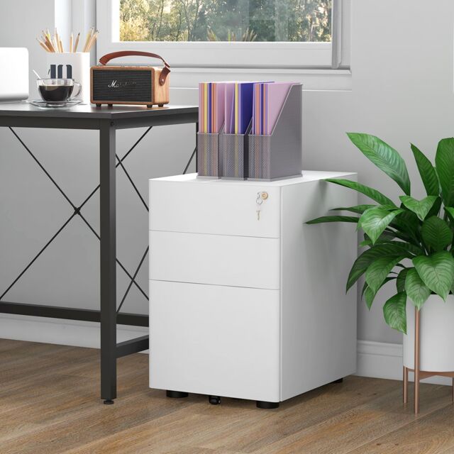 VINSETTO 3 Draw Metal Filing Cabinet Lockable 4 Wheels Compact Under Desk in White - image 1