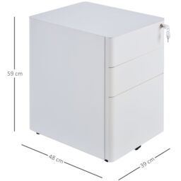 VINSETTO 3 Draw Metal Filing Cabinet Lockable 4 Wheels Compact Under Desk in White - thumbnail 3