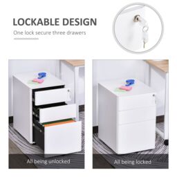 VINSETTO 3 Draw Metal Filing Cabinet Lockable 4 Wheels Compact Under Desk in White - thumbnail 4