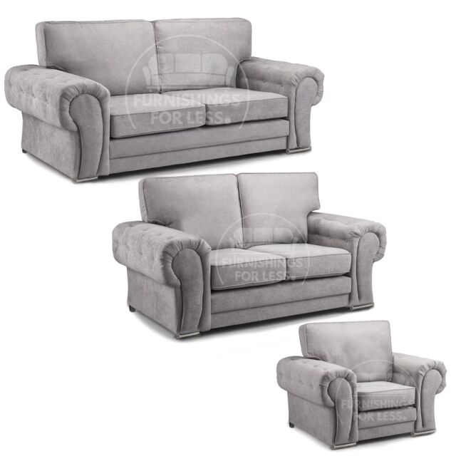 Furnishings For Less UK Milan Fabric 3 Piece Sofa Suite Grey Full Back Chesterfield Style - image 1