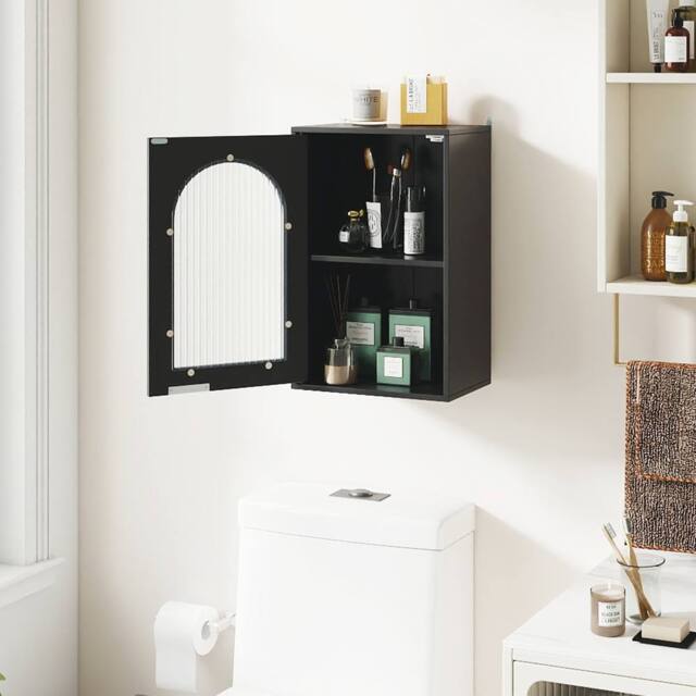 Costway Wall Cabinet Bathroom Cabinet Wooden Medicine Cabinet w/Glass Door in Black - image 1