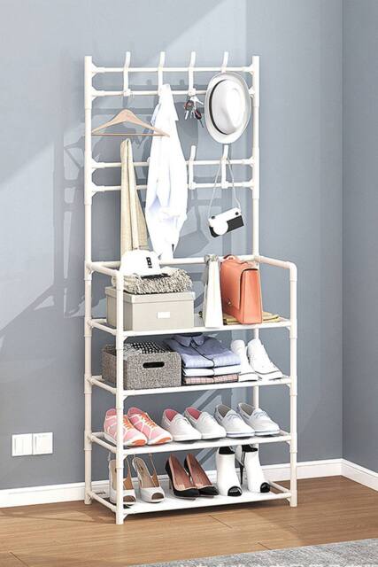 Living and Home 4 Tier Shoe Shelf Storage Organizer with Hooks Clothes Hanger Garment Rack in White - image 1