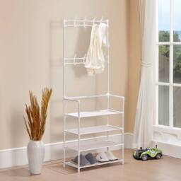 Living and Home 4 Tier Shoe Shelf Storage Organizer with Hooks Clothes Hanger Garment Rack in White - thumbnail 2