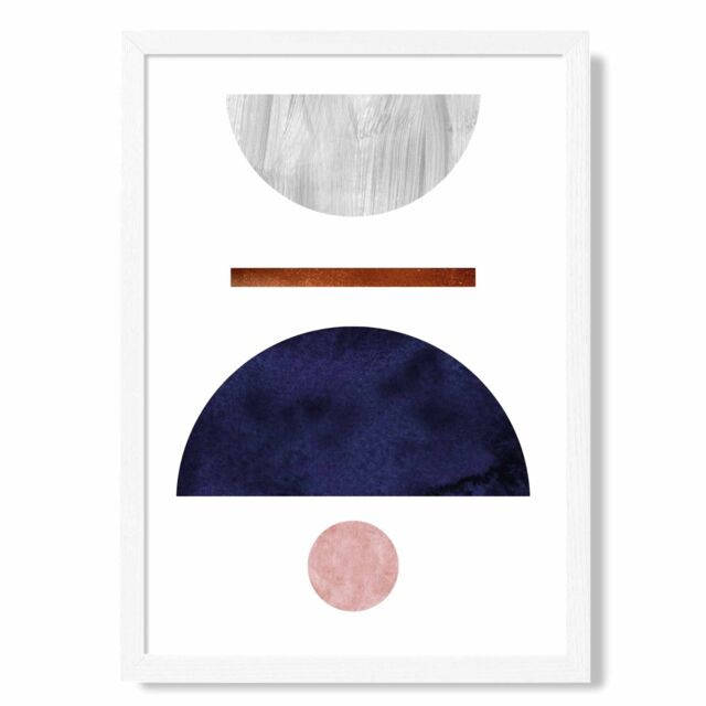 ARTZE Navy Blue & Grey Semi Circles Mid Century Geometric Framed Print SIZE: A3 with White Frame - Size: A4 - image 1