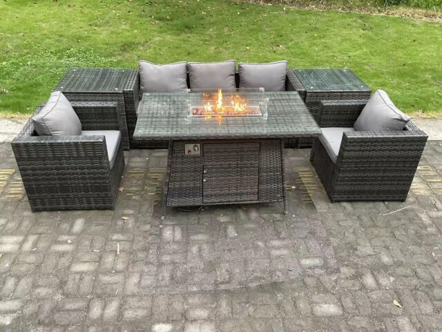 Fimous 5 Seater Outdoor PE Rattan Garden Furniture Set Gas Fire Pit Dining Table Gas Heater Burner in Dark Grey - image 1