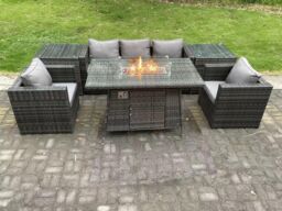 Fimous 5 Seater Outdoor PE Rattan Garden Furniture Set Gas Fire Pit Dining Table Gas Heater Burner in Dark Grey - thumbnail 1