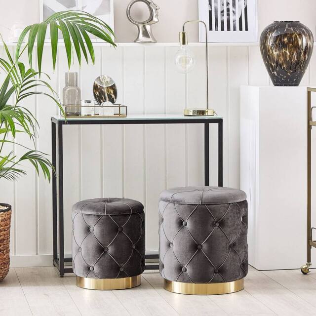 Wyld and Coco Grey Velvet Storage Pouffes with Gold Base - Button Tufted - image 1