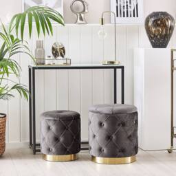 Wyld and Coco Grey Velvet Storage Pouffes with Gold Base - Button Tufted - thumbnail 1