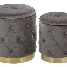 Wyld and Coco Grey Velvet Storage Pouffes with Gold Base - Button Tufted - thumbnail 2