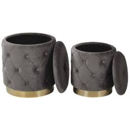 Wyld and Coco Grey Velvet Storage Pouffes with Gold Base - Button Tufted - thumbnail 3
