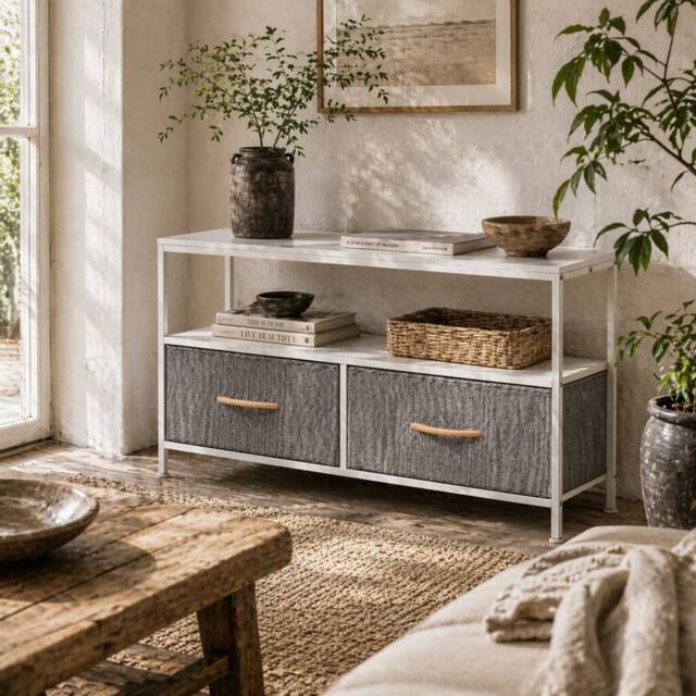 Wyld Haus Avavale 98cm White & Light Grey TV Stand 2 Foldable Fabric Drawers - image 1