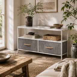 Wyld Haus Avavale 98cm White & Light Grey TV Stand 2 Foldable Fabric Drawers - thumbnail 1