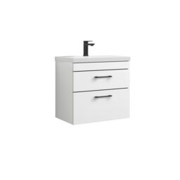 Balterley 2 Drawer Bathroom Wall Hung Vanity Basin Unit Black Handles 600mm in White - thumbnail 1