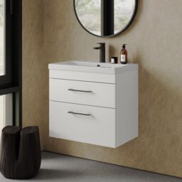 Balterley 2 Drawer Bathroom Wall Hung Vanity Basin Unit Black Handles 600mm in White - thumbnail 4