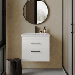 Balterley 2 Drawer Bathroom Wall Hung Vanity Basin Unit Black Handles 600mm in White - thumbnail 2