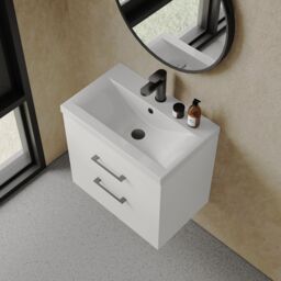 Balterley 2 Drawer Bathroom Wall Hung Vanity Basin Unit Black Handles 600mm in White - thumbnail 3
