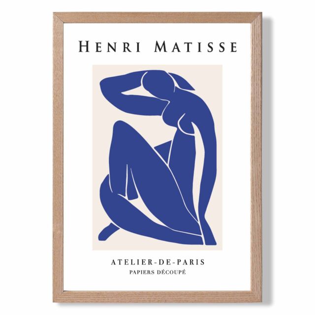 ARTZE Matisse Nude Blue & Beige Exhibition Framed Print SIZE: A2 with Oak Frame in Dark Blue - Size: A4 - image 1